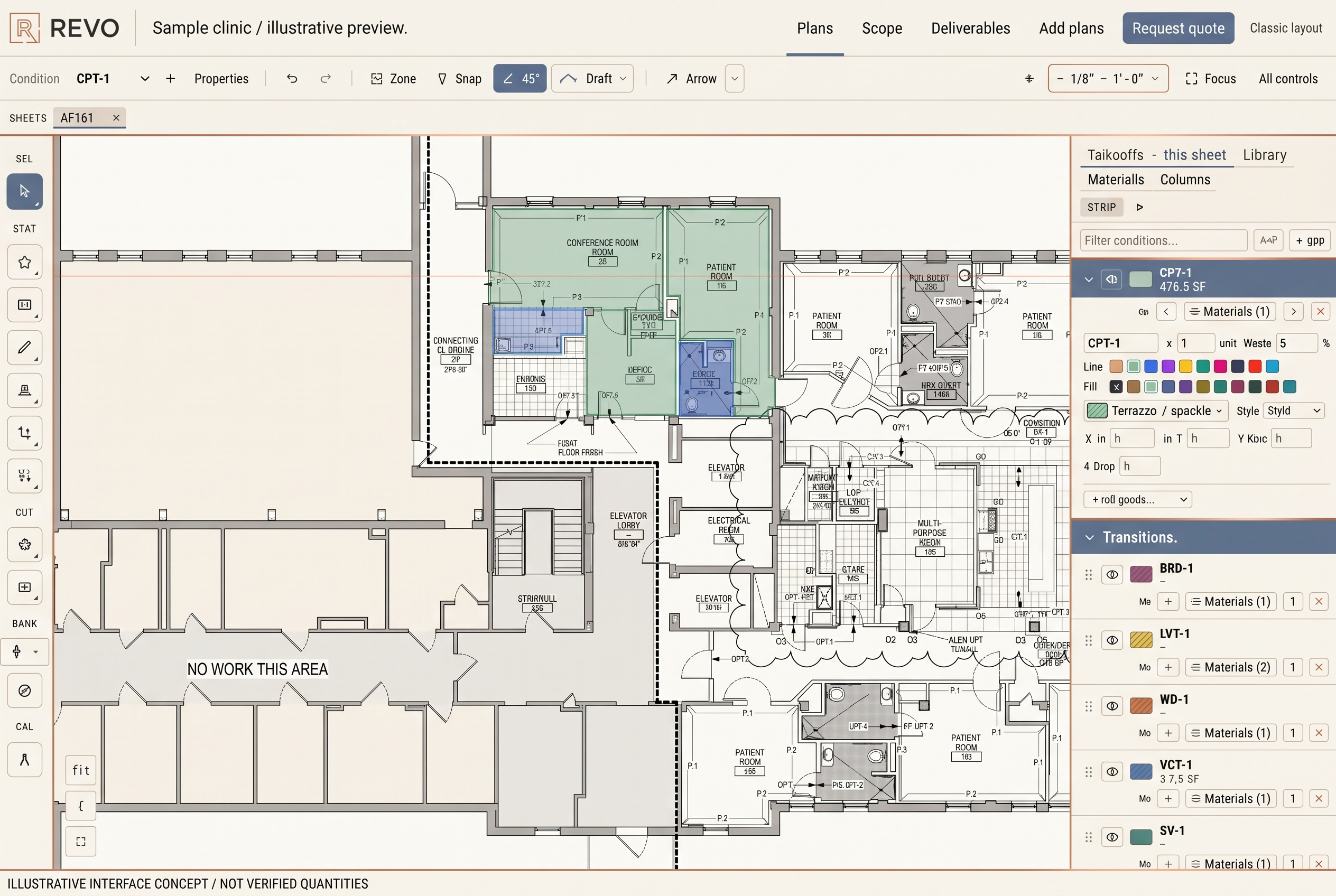 Illustrative REVO clinic plan workspace concept with highlighted rooms and a scope panel